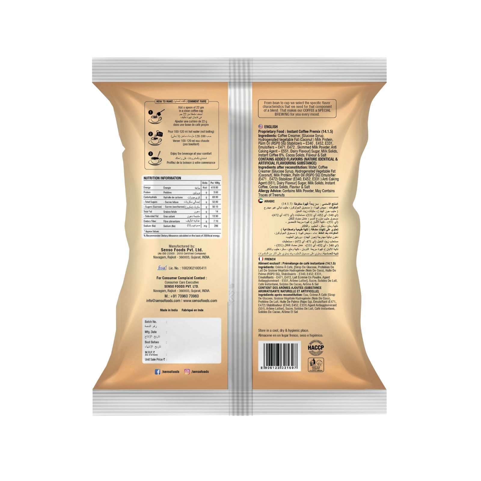 Back view of Senso 3 in 1 Instant Coffee Classic 1kg package with nutritional information and usage instructions