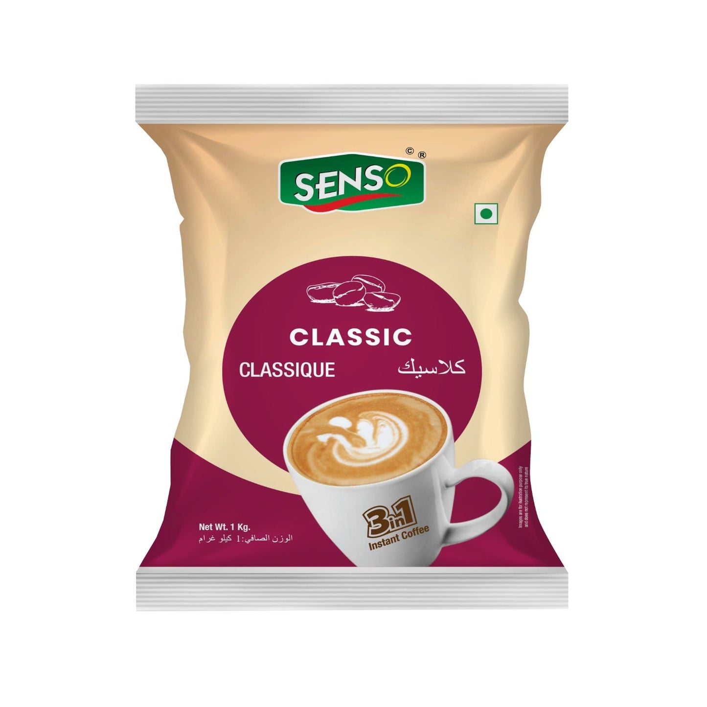 Senso 3 in 1 Instant Coffee Classic 1kg beige and maroon packaging with coffee cup image