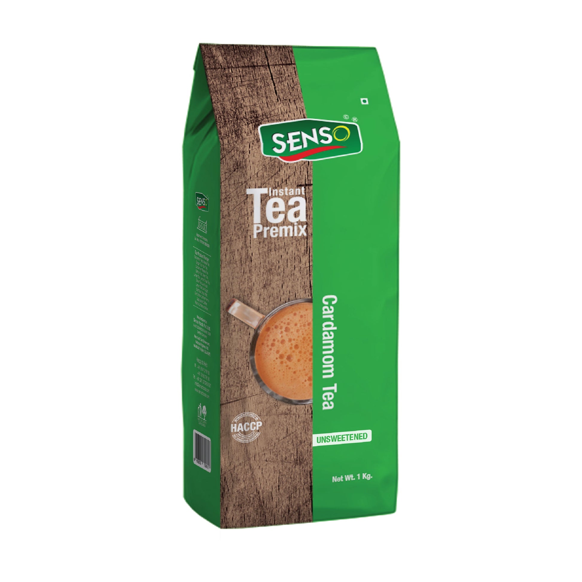 Senso cardamom tea premix unsweetened in green and brown 1 kg packaging from Tea Coffee Vending Service