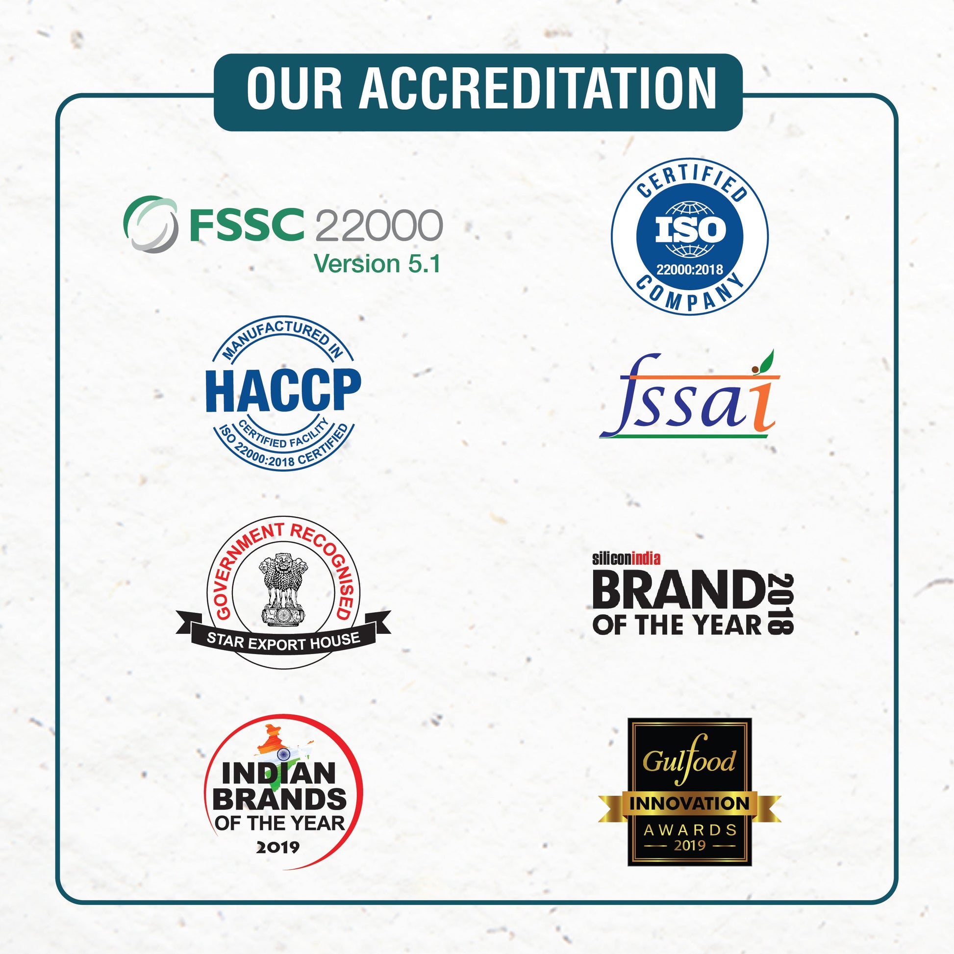 Certification and accreditation logos including FSSC 22000, ISO, HACCP, FSSAI, Indian Brands, and Gulfood Innovation Awards for cardamom tea premix unsweetened