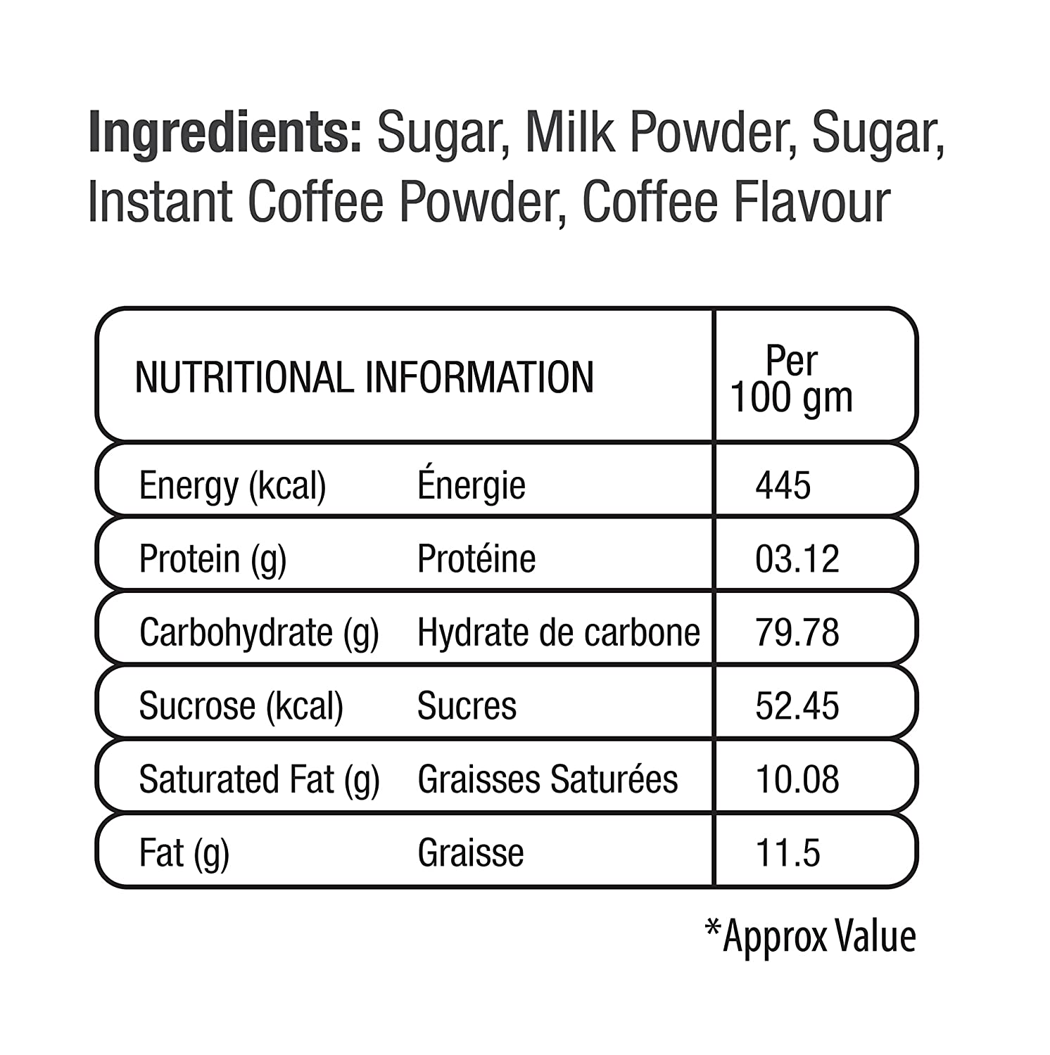 Nutritional information label showing calories, protein, carbohydrates, and fat for instant coffee premix 1kg