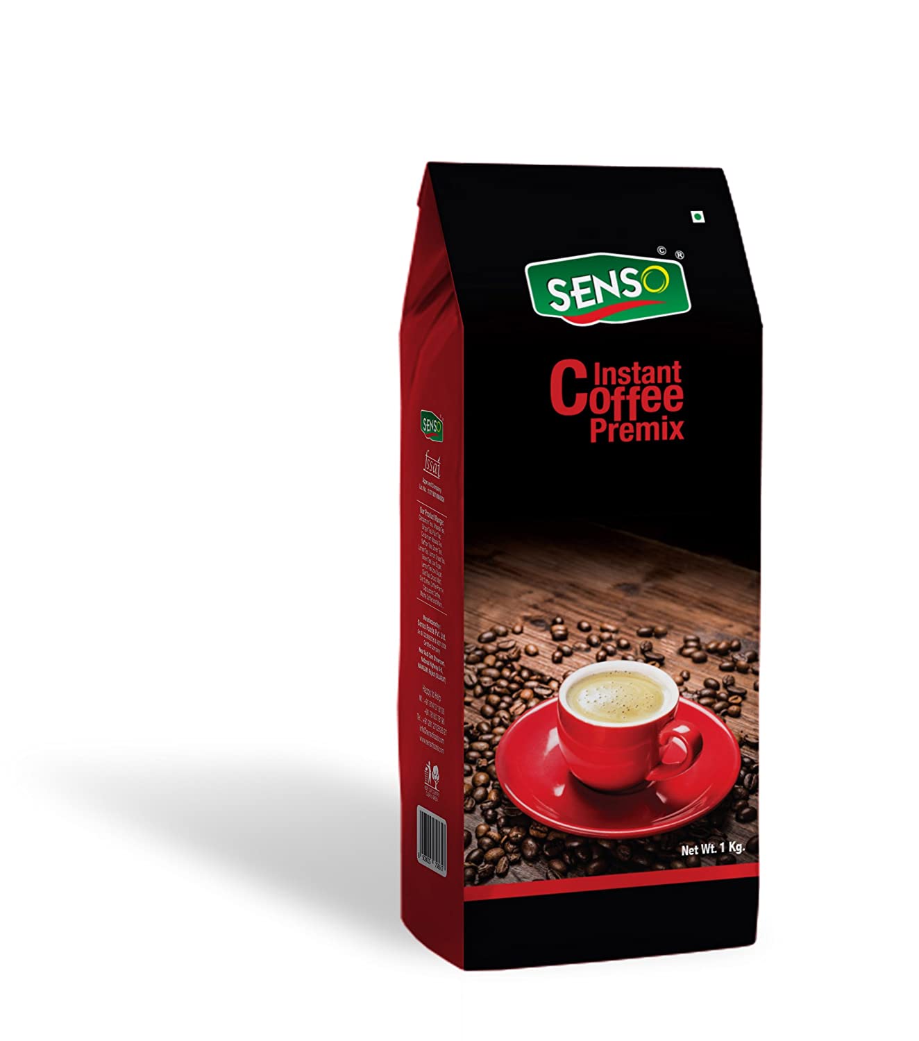 Senso instant coffee premix 1kg package with red coffee cup and coffee beans on wooden surface