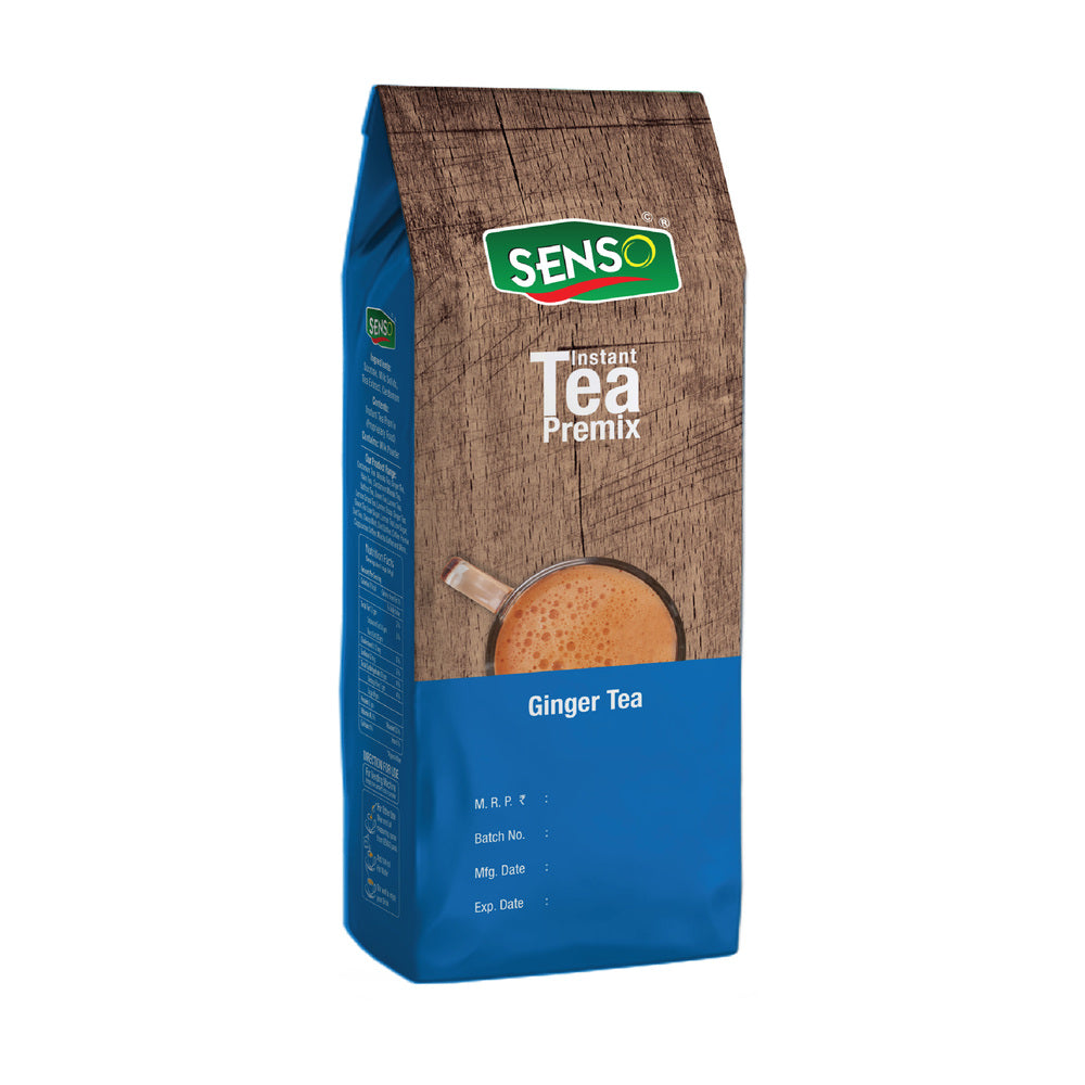 Senso instant ginger tea premix 1kg pack with wood texture and tea cup image