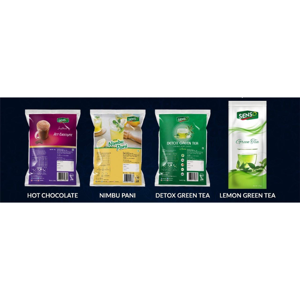 Four TEA COFFEE VENDING SERVICE beverage packets including SENSO green tea powder and other drink mixes