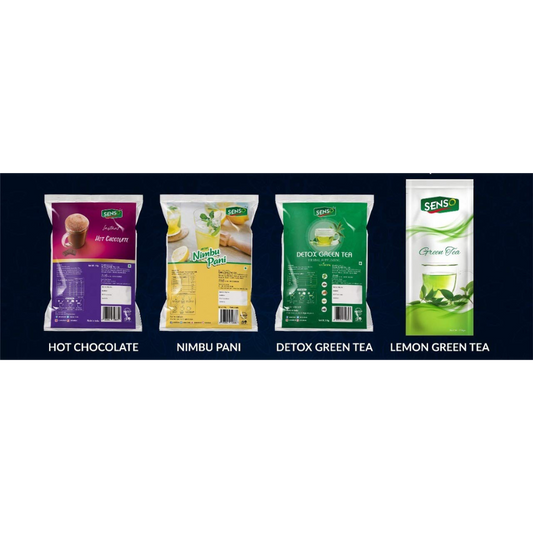 Four TEA COFFEE VENDING SERVICE beverage packets including SENSO green tea powder and other drink mixes