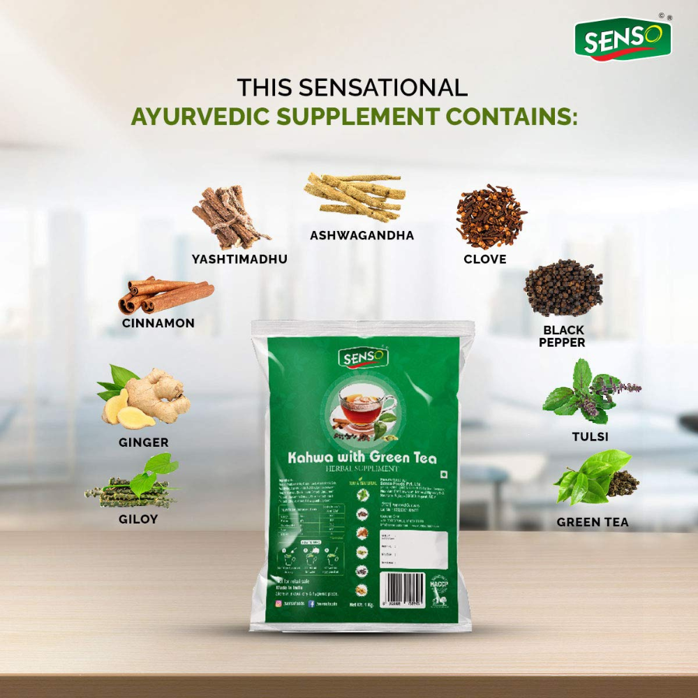 SENSO Instant Kahwa with Green tea Ayurvedic supplement pack showing ingredients like ginger, cinnamon, and tulsi