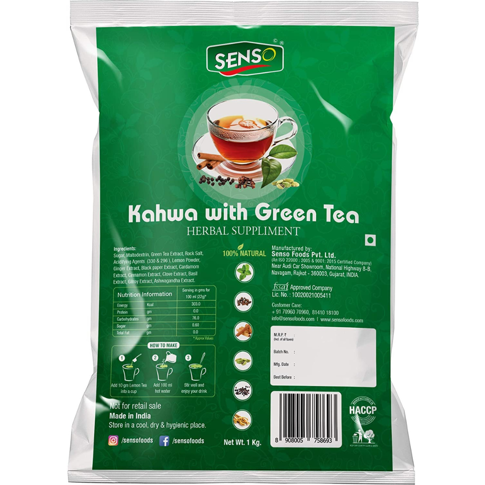 SENSO Instant Kahwa with Green Tea herbal supplement pack with natural ingredients and preparation instructions