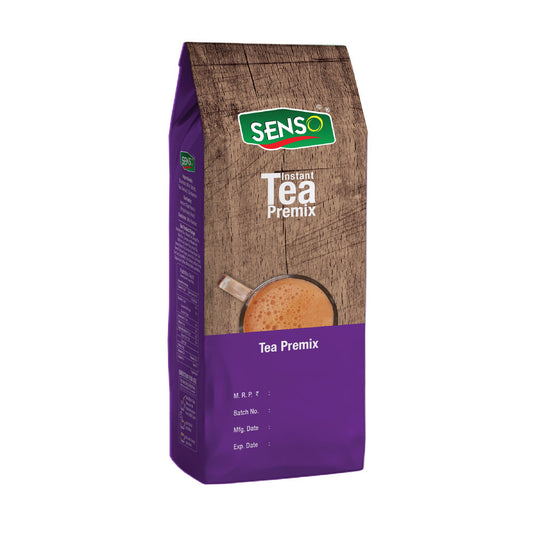 Senso instant tea premix pack with brown and purple design showing a cup of tea on the packaging