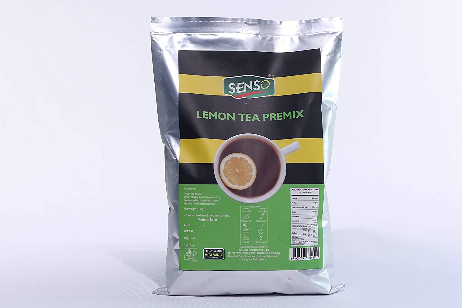 Senso lemon tea premix silver pouch with green label showing a cup of lemon tea with lemon slice