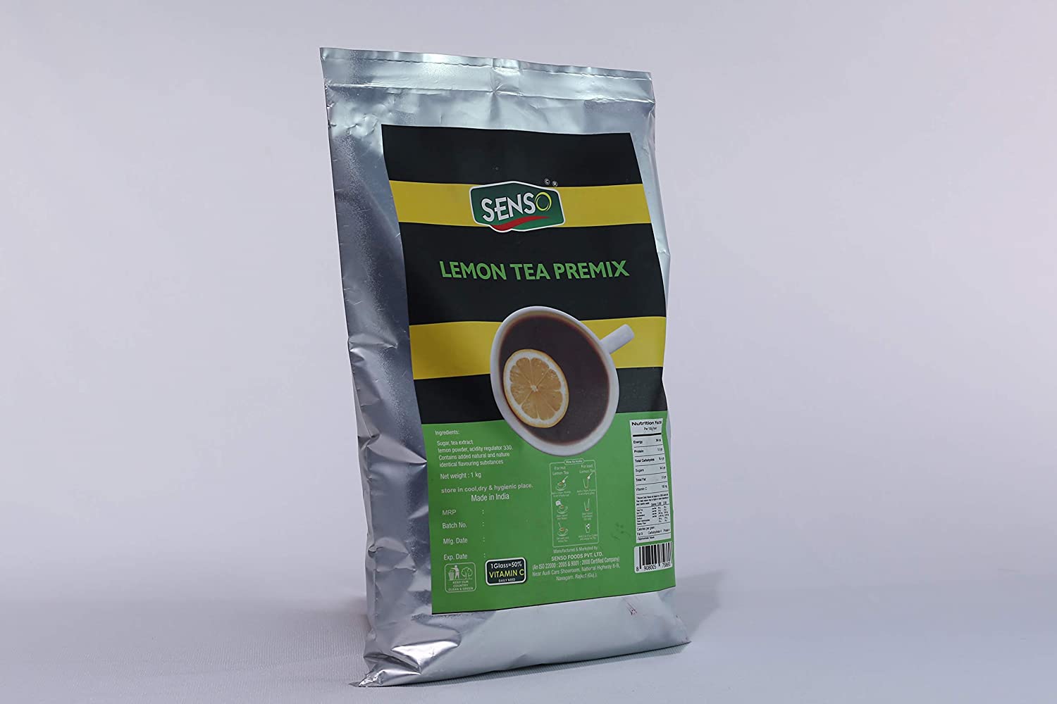 Senso lemon tea premix pouch with lemon slice in tea cup on front label by TEA COFFEE VENDING SERVICE