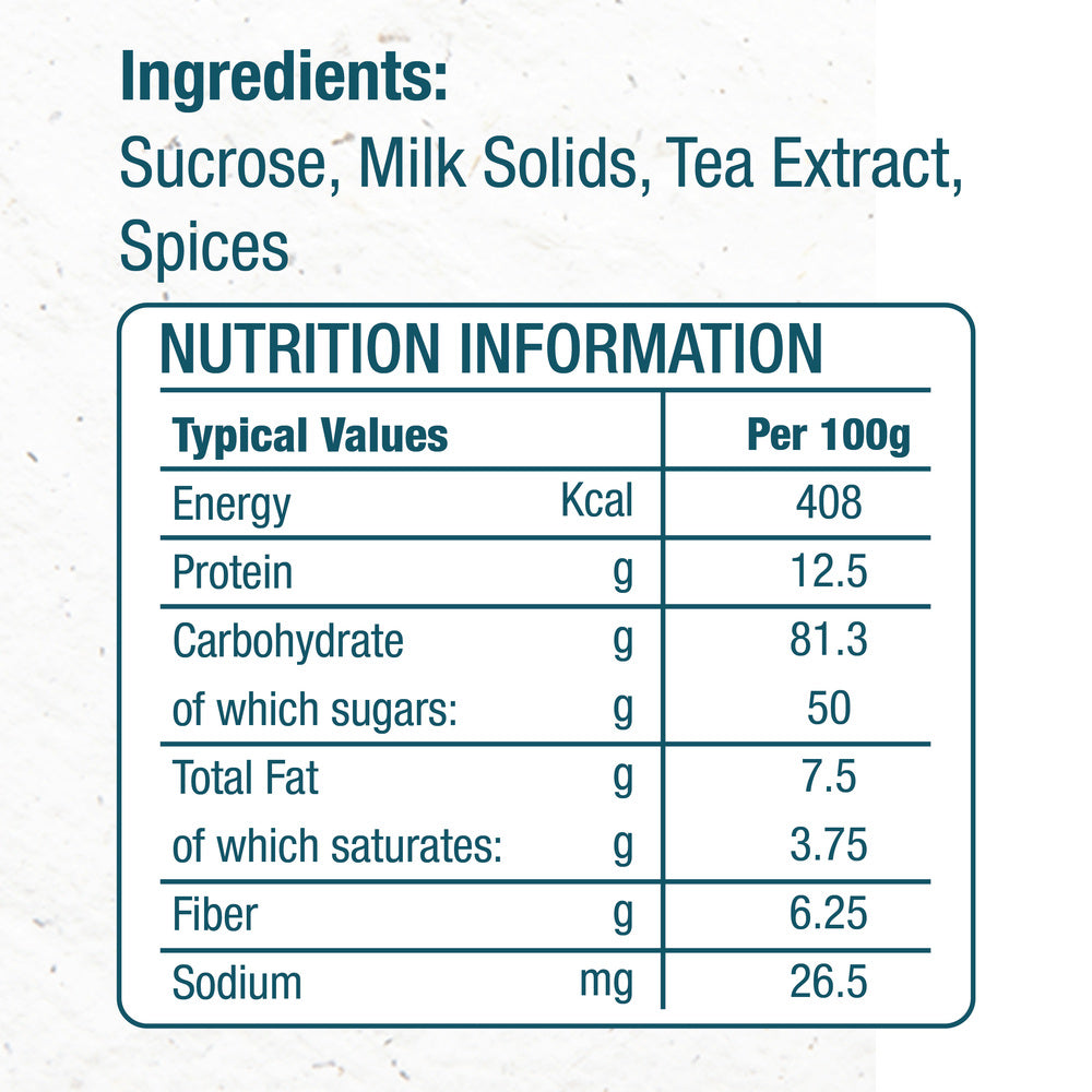 Nutrition information and ingredients list of masala chai premix for vending machines including sucrose milk solids tea extract and spices