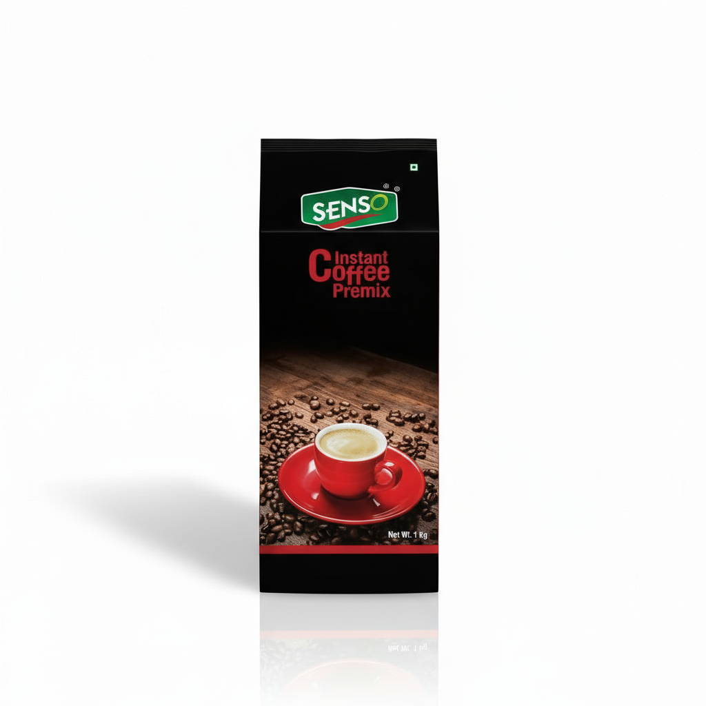Senso plain coffee instant premix pack with red cup of coffee and coffee beans on wooden surface