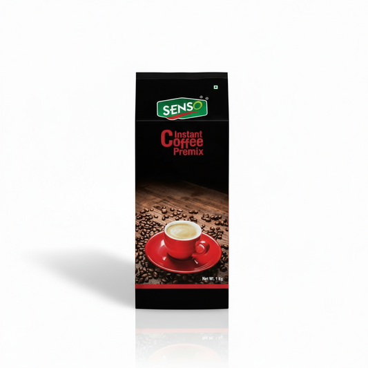 Senso plain coffee instant premix pack with red cup of coffee and coffee beans on wooden surface