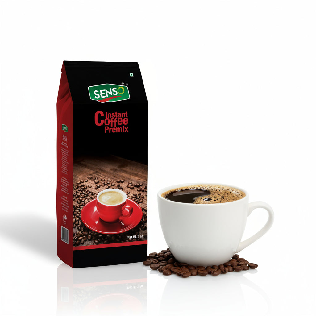 Senso plain coffee instant coffee premix package next to white cup of black coffee with coffee beans