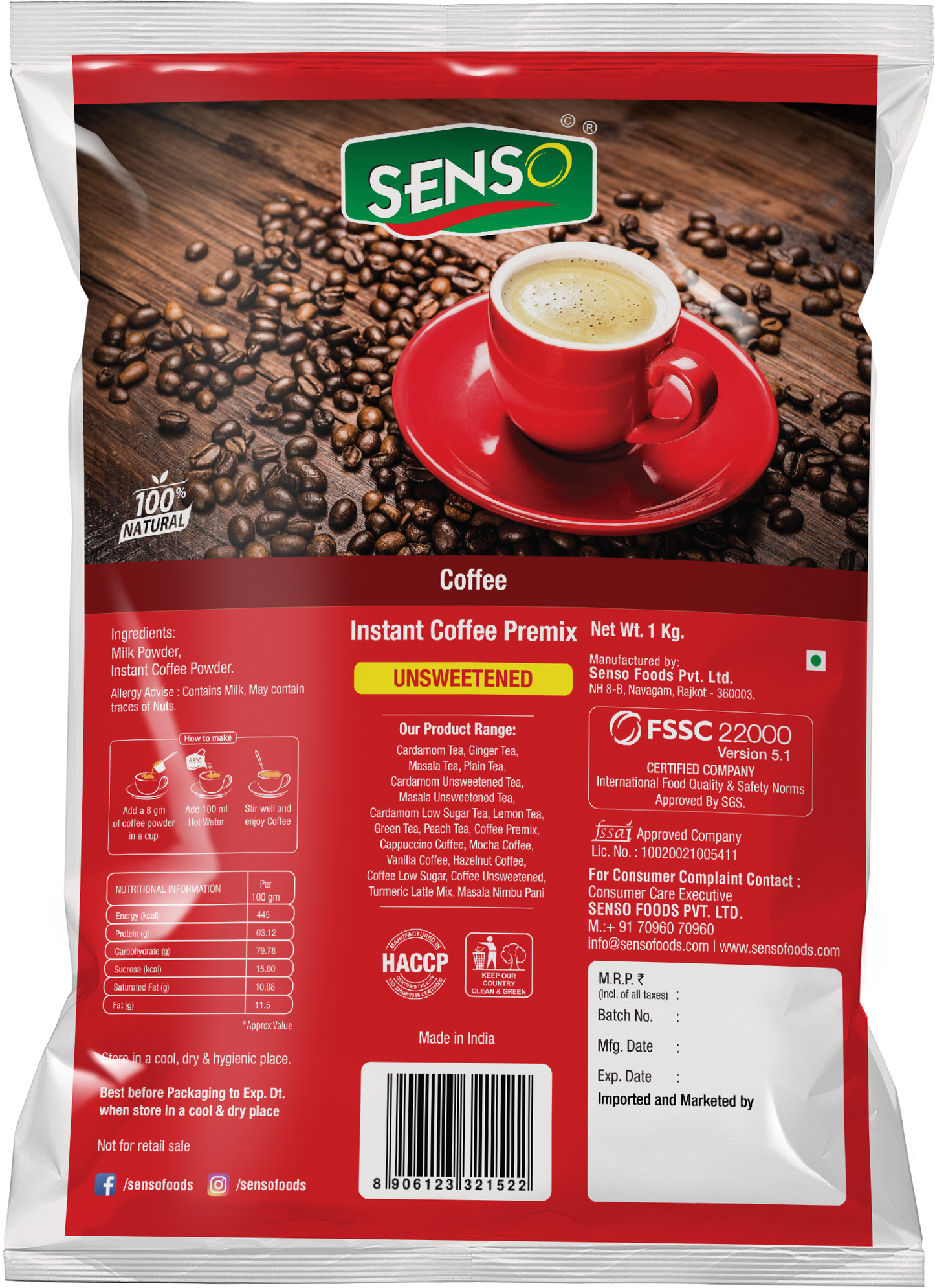 Senso Regular Coffee instant coffee premix pack with coffee beans and red cup on wooden surface