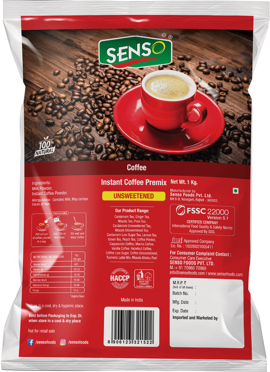 Senso Regular Coffee instant coffee premix pack with coffee beans and red cup on wooden surface
