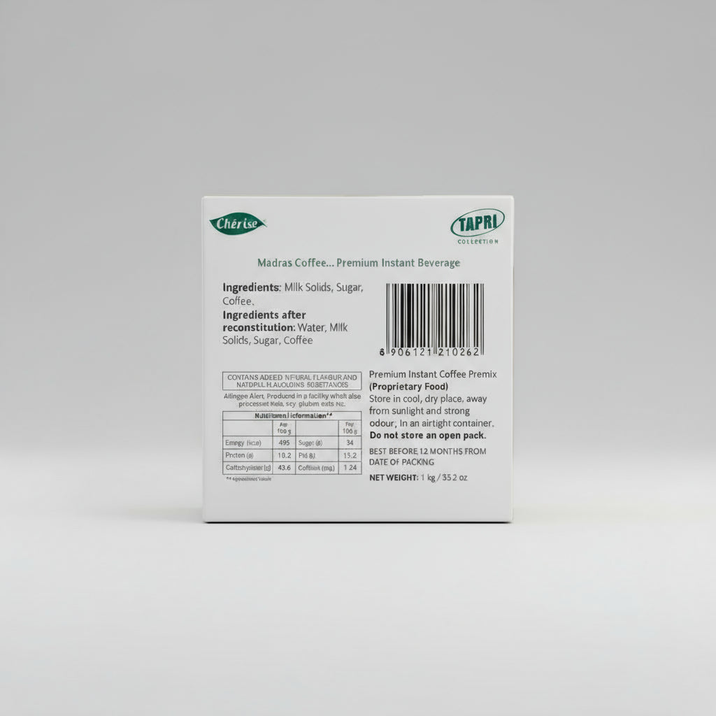 Back view of Cherish Madras Coffee Premix box showing ingredients and product information