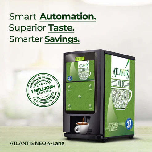 Atlantis NEO tea and coffee vending machine with 4 lanes and smart automation in black and green
