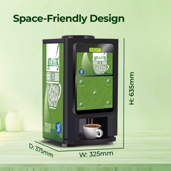 Atlantis NEO tea and coffee vending machine with space-friendly compact design and green exterior